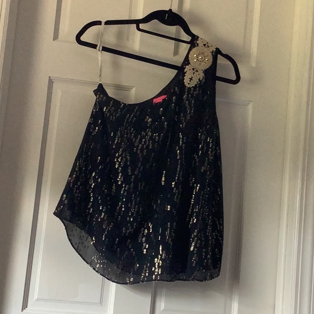 Lilly Pulitzer single shoulder navy & gold metallic sheer top